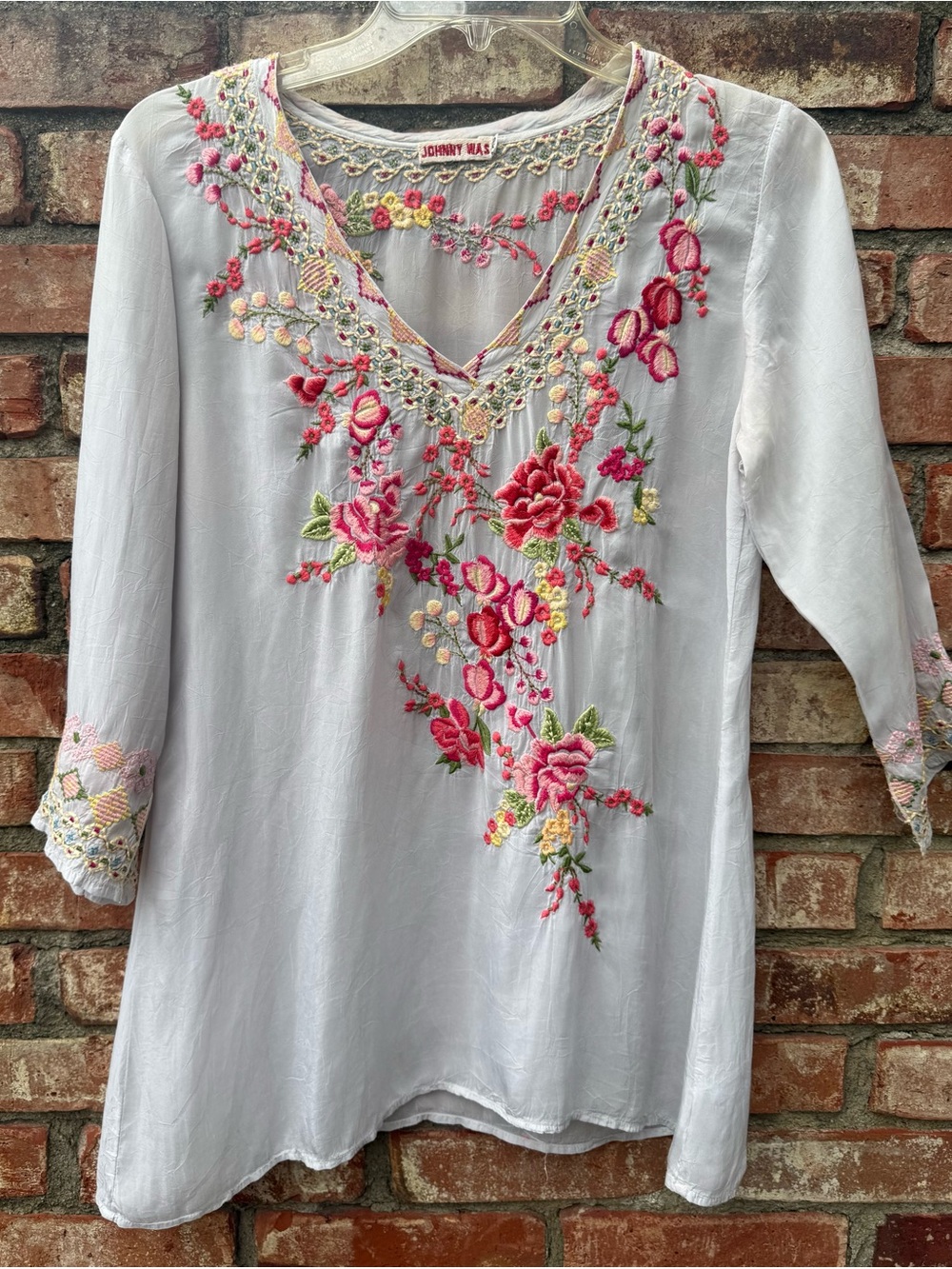 Johnny Was Floral Embroidered Tunic Blouse Gray Boho XS